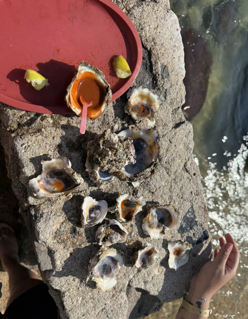 Eating live oysters in Puerto Angel in Oaxaca, Mexico